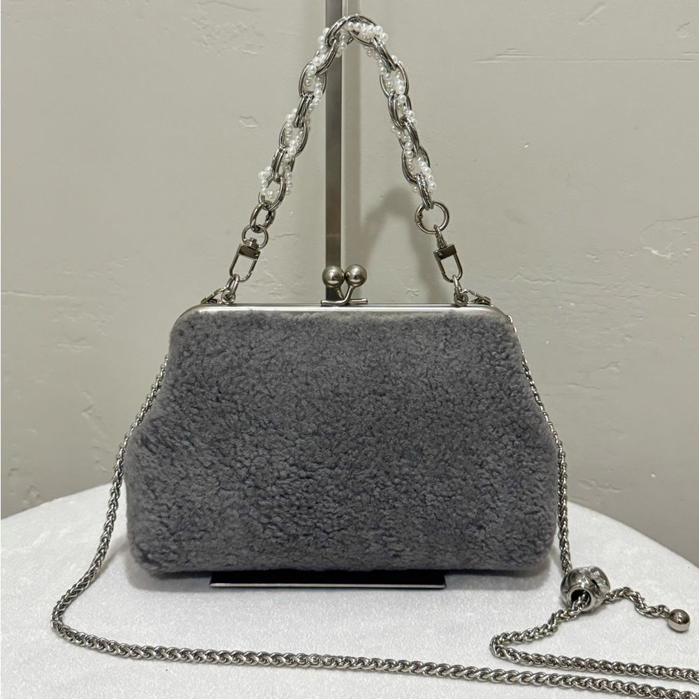 Gray Real Shearling Leather Handmade Kisslock Clutch Shoulder Bag, Crossbody